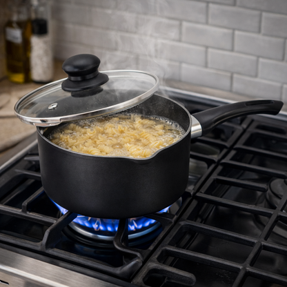 Black Non-Stick Saucepan with Glass Lid - Easy Cooking & Pour Control