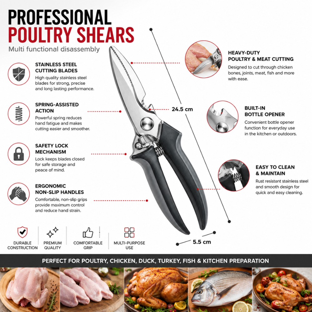 Premium Stainless Steel Poultry Shears – 22 cm Heavy-Duty Kitchen Scissors for Poultry, Meat & Food Preparation