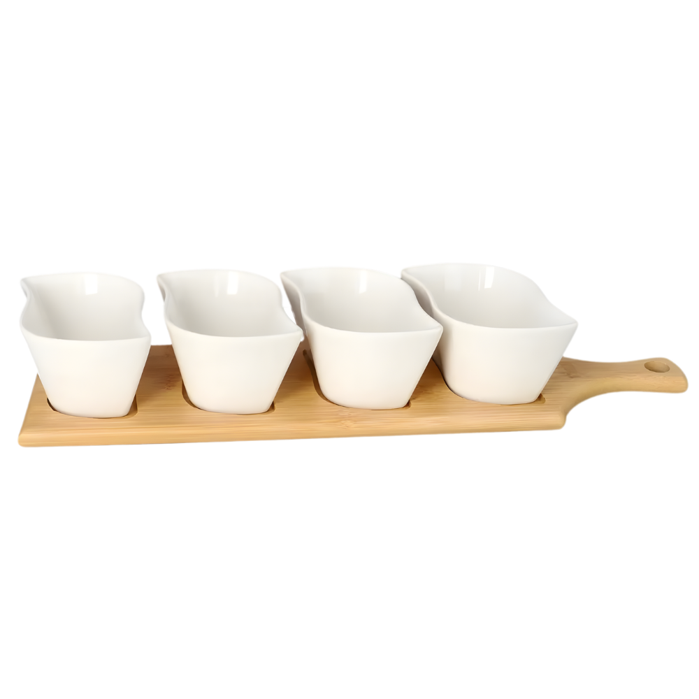 Serving Platter Set with Ceramic Bowls & Bamboo Paddle Board – 5 Piece Snack & Dip Set
