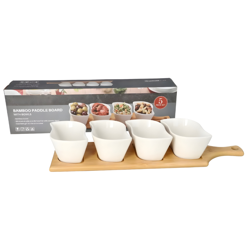 Serving Platter Set with Ceramic Bowls & Bamboo Paddle Board – 5 Piece Snack & Dip Set