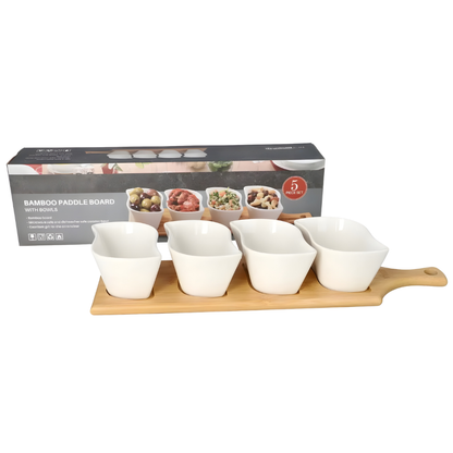 Serving Platter Set with Ceramic Bowls & Bamboo Paddle Board – 5 Piece Snack & Dip Set