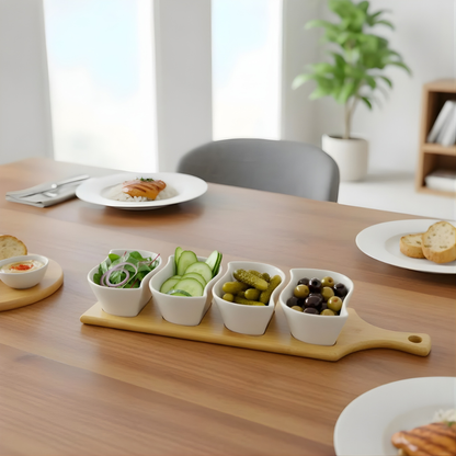 Serving Platter Set with Ceramic Bowls & Bamboo Paddle Board – 5 Piece Snack & Dip Set