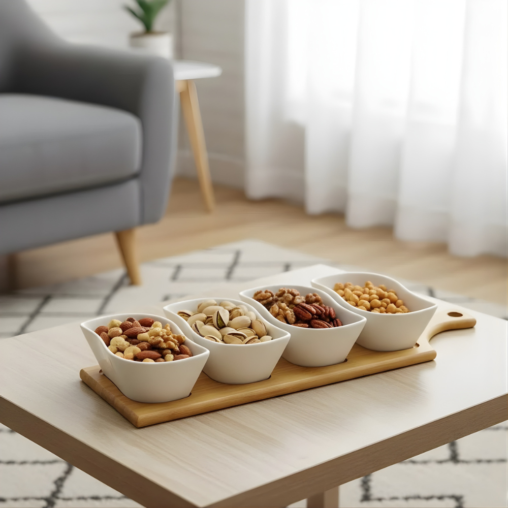 Serving Platter Set with Ceramic Bowls & Bamboo Paddle Board – 5 Piece Snack & Dip Set