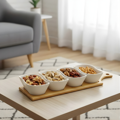 Serving Platter Set with Ceramic Bowls & Bamboo Paddle Board – 5 Piece Snack & Dip Set