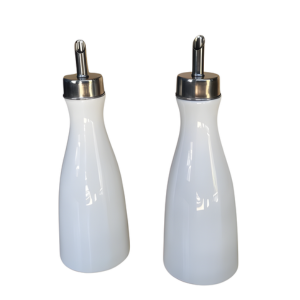 White Porcelain Oil & Vinegar Bottles with Shaker Set on Wooden Stand