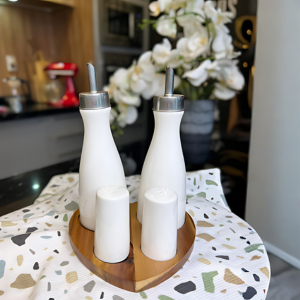 White Porcelain Oil & Vinegar Bottles with Shaker Set on Wooden Stand