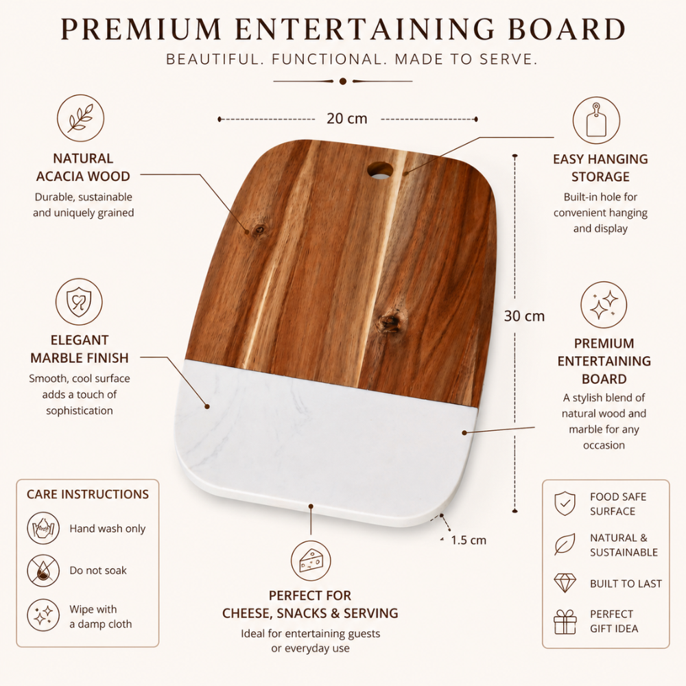 Rectangular Acacia Wood & Marble Serving Board – 30 cm Premium Kitchen & Charcuterie Board