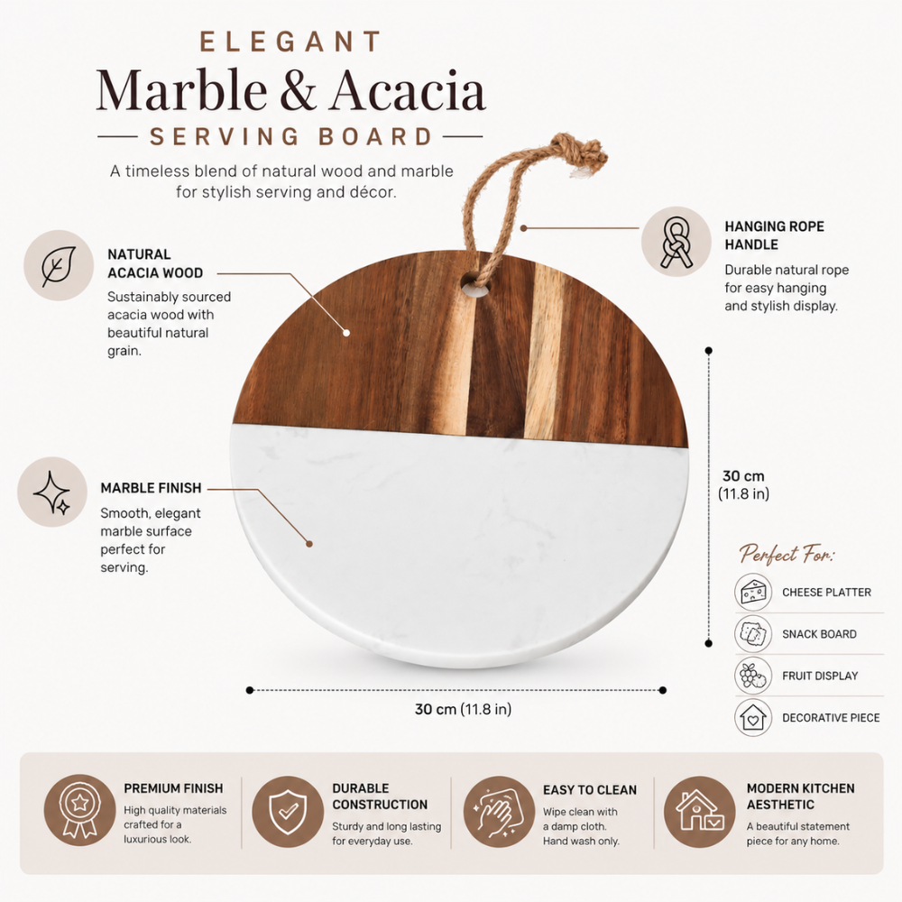 Round Acacia Wood & Marble Serving Board – 25 cm Premium Cheese & Snack Platter
