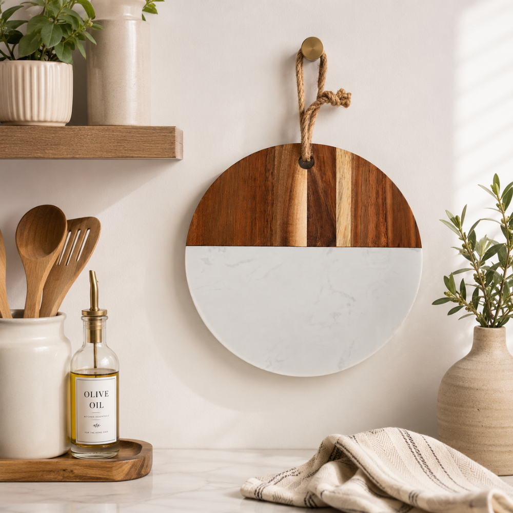 Round Acacia Wood & Marble Serving Board – 25 cm Premium Cheese & Snack Platter