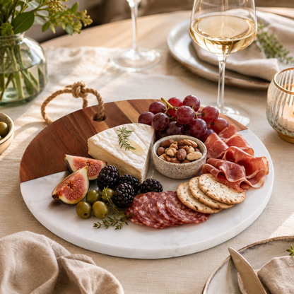 Round Acacia Wood & Marble Serving Board – 25 cm Premium Cheese & Snack Platter