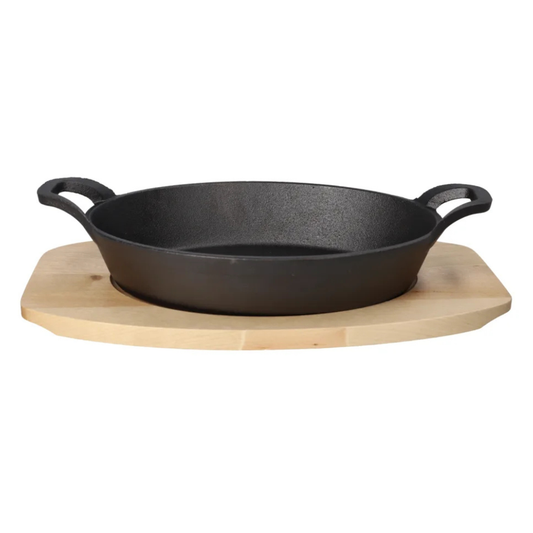 Cast Iron Round Serving Dish with Wooden Base - Sizzling Cook & Serve Pan
