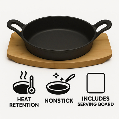 Cast Iron Round Serving Dish with Wooden Base - Sizzling Cook & Serve Pan