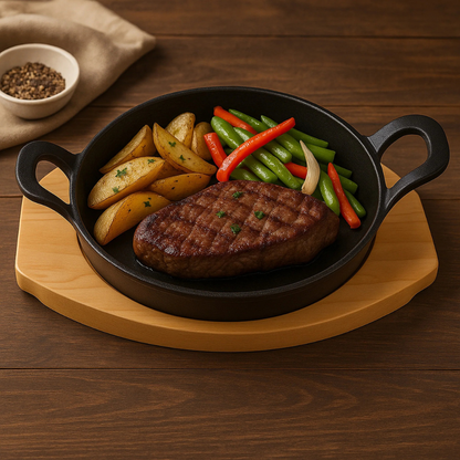 Cast Iron Round Serving Dish with Wooden Base - Sizzling Cook & Serve Pan