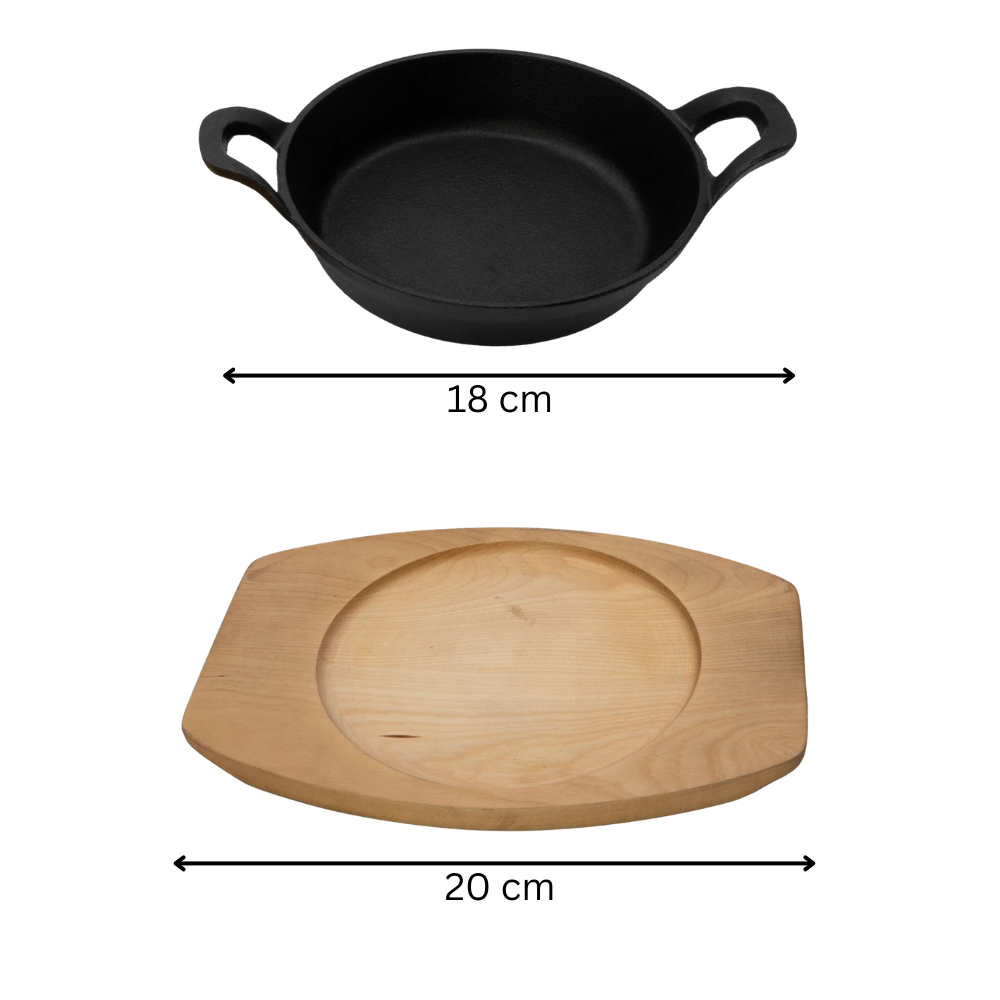 Cast Iron Round Serving Dish with Wooden Base - Sizzling Cook & Serve Pan