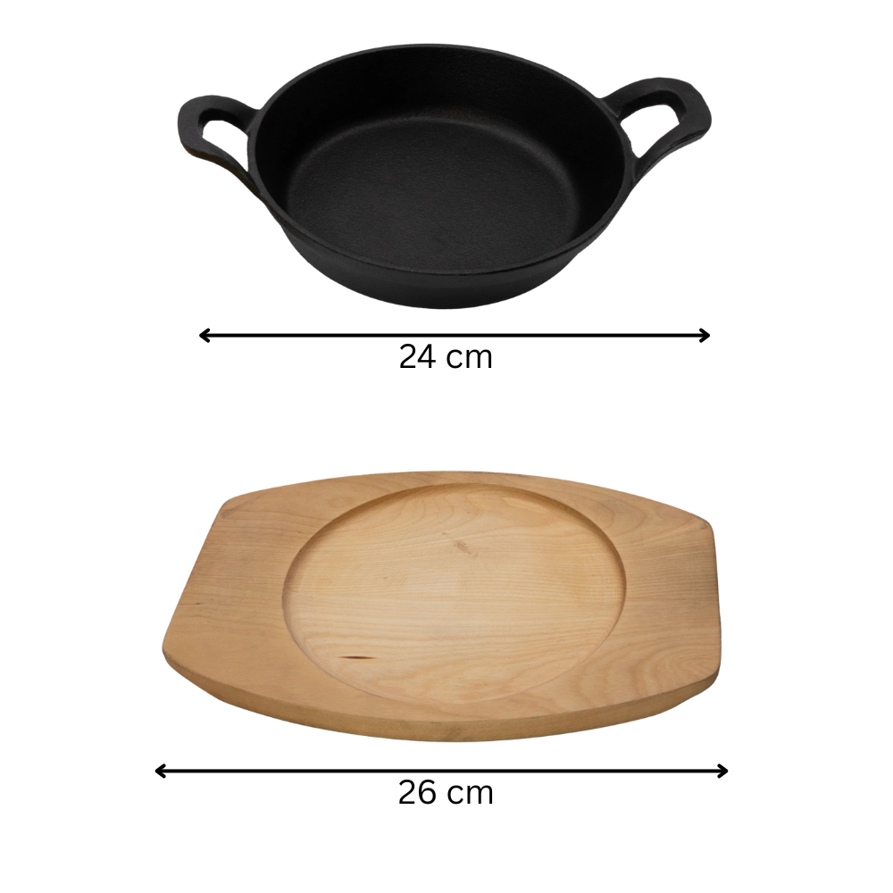 Cast Iron Round Serving Dish with Wooden Base - Sizzling Cook & Serve Pan