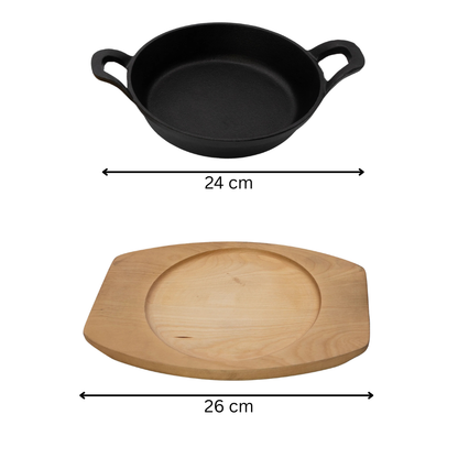 Cast Iron Round Serving Dish with Wooden Base - Sizzling Cook & Serve Pan