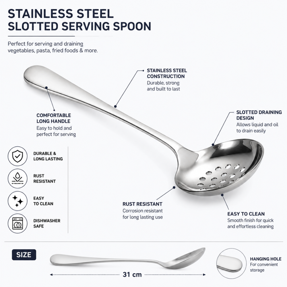 Stainless Steel Slotted Serving Spoon – 20 cm Kitchen Basting & Draining Spoon