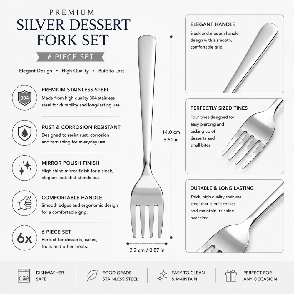 Stainless Steel Dessert Fork Set – 6 Piece Elegant Dessert & Snack Fork Collection