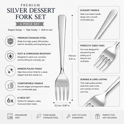 Stainless Steel Dessert Fork Set – 6 Piece Elegant Dessert & Snack Fork Collection