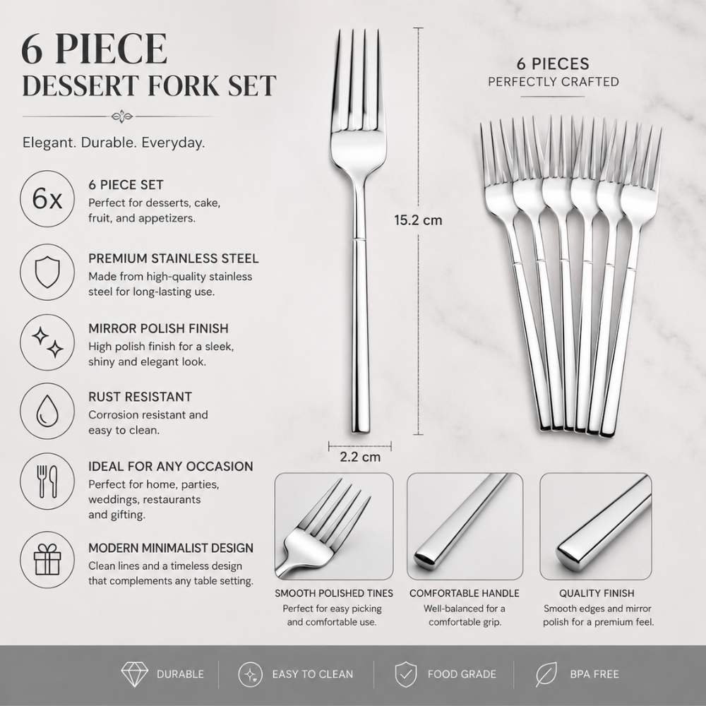 Stainless Steel Dessert Fork Set – 6 Piece Modern Dining & Dessert Fork Collection