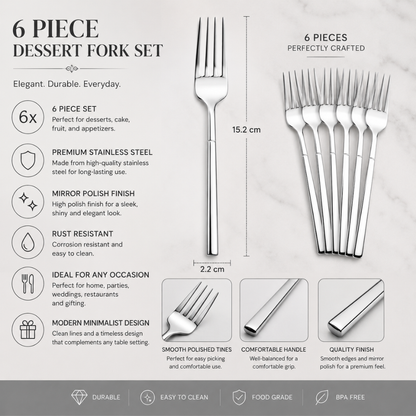 Stainless Steel Dessert Fork Set – 6 Piece Modern Dining & Dessert Fork Collection