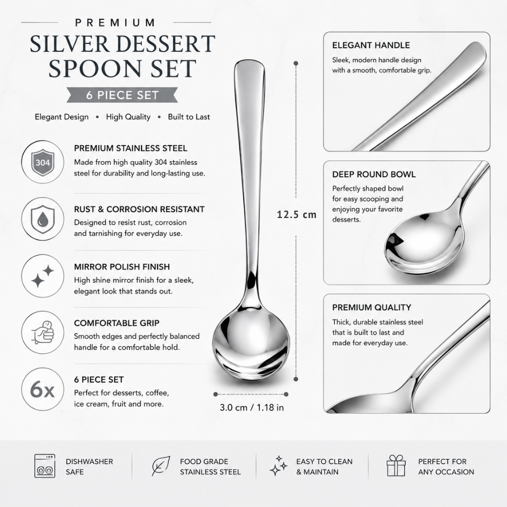 Stainless Steel Dessert Spoon Set – 6 Piece Modern Tea & Dessert Spoon Collection