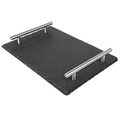Slate Serving Tray with Stainless Steel Handles –  31 cm Modern Food & Beverage Serving Board