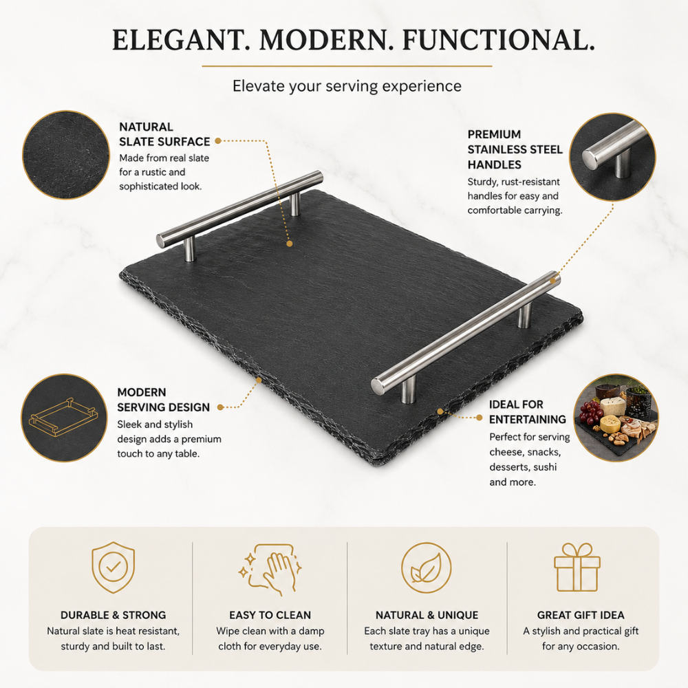 Slate Serving Tray with Stainless Steel Handles –  31 cm Modern Food & Beverage Serving Board