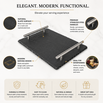 Slate Serving Tray with Stainless Steel Handles –  31 cm Modern Food & Beverage Serving Board