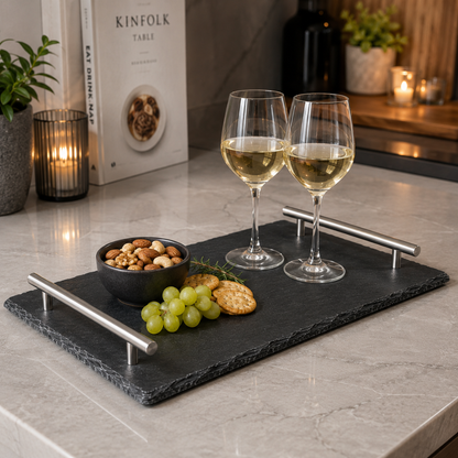 Slate Serving Tray with Stainless Steel Handles –  31 cm Modern Food & Beverage Serving Board