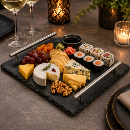 Slate Serving Tray with Stainless Steel Handles –  31 cm Modern Food & Beverage Serving Board