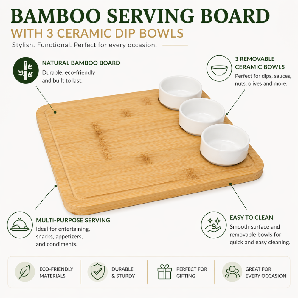Square Bamboo Serving Board with 3 Ceramic Dip Bowls - 29 cm Stylish Serving Set