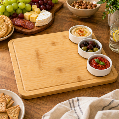 Square Bamboo Serving Board with 3 Ceramic Dip Bowls - 29 cm Stylish Serving Set