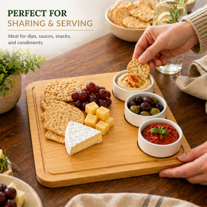 Square Bamboo Serving Board with 3 Ceramic Dip Bowls - 29 cm Stylish Serving Set