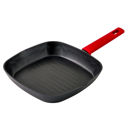 Square Non-Stick Grill Pan with Heat-Resistant Red Handle - Induction Ready