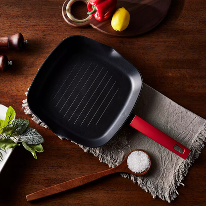 Square Non-Stick Grill Pan with Heat-Resistant Red Handle - Induction Ready