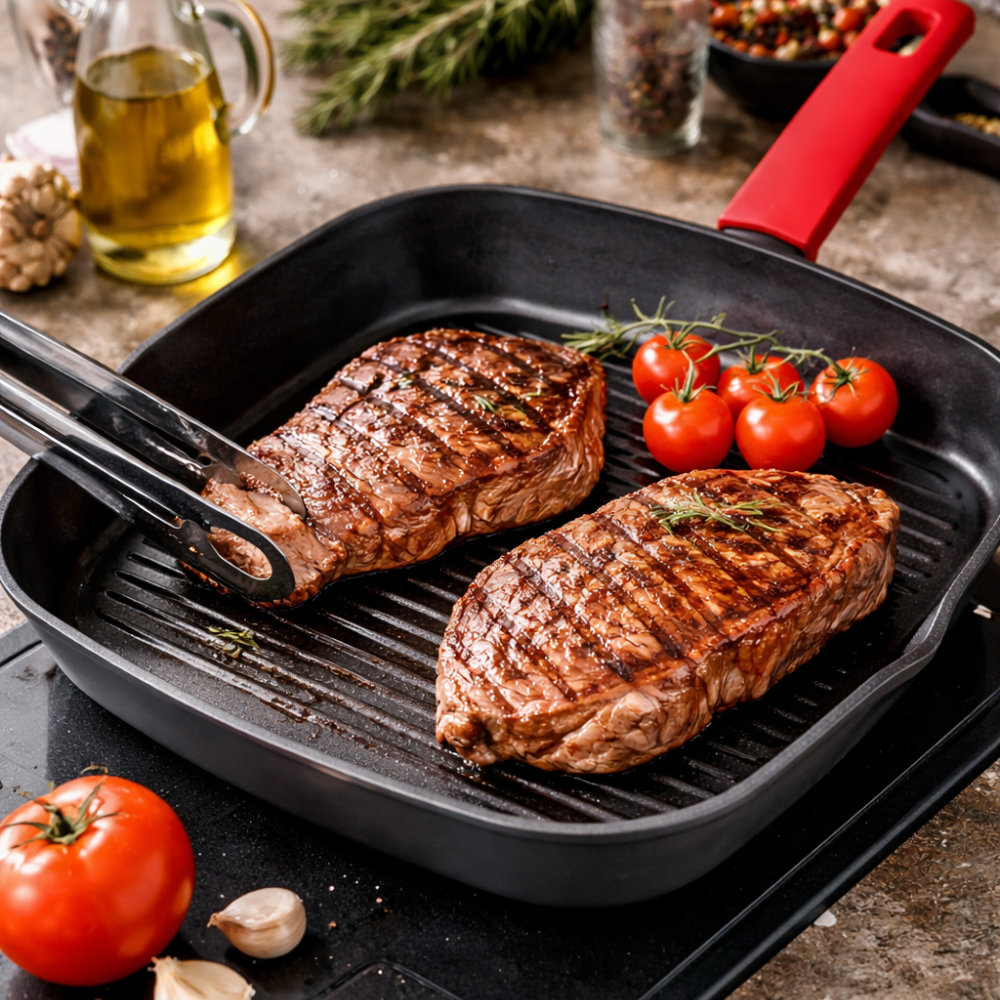 Square Non-Stick Grill Pan with Heat-Resistant Red Handle - Induction Ready