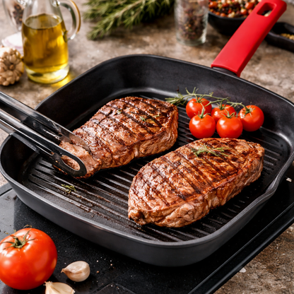 Square Non-Stick Grill Pan with Heat-Resistant Red Handle - Induction Ready