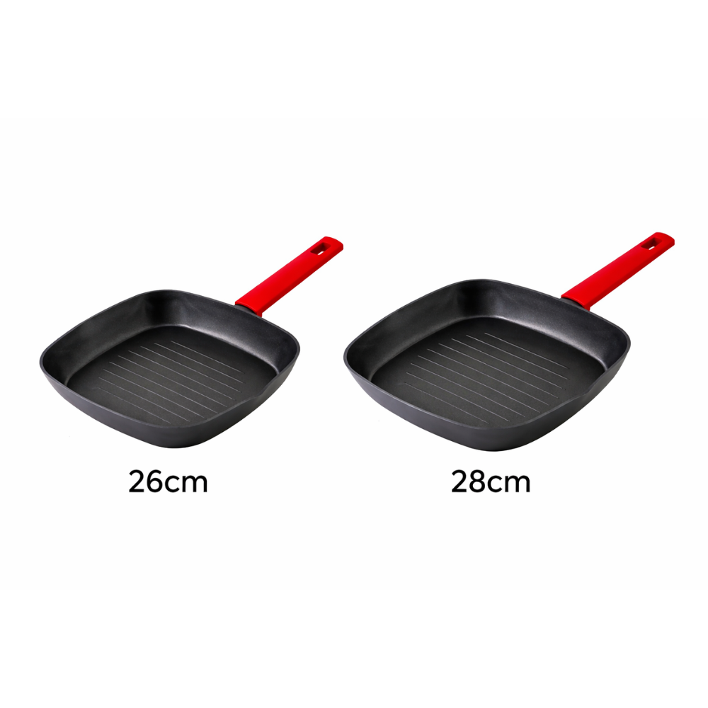 Square Non-Stick Grill Pan with Heat-Resistant Red Handle - Induction Ready