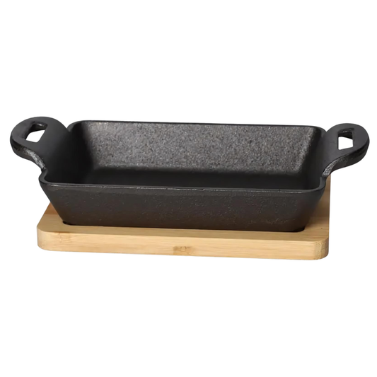 Cast Iron Rectangular Serving Dish with Wooden Base - 15 cm Sizzling Pan