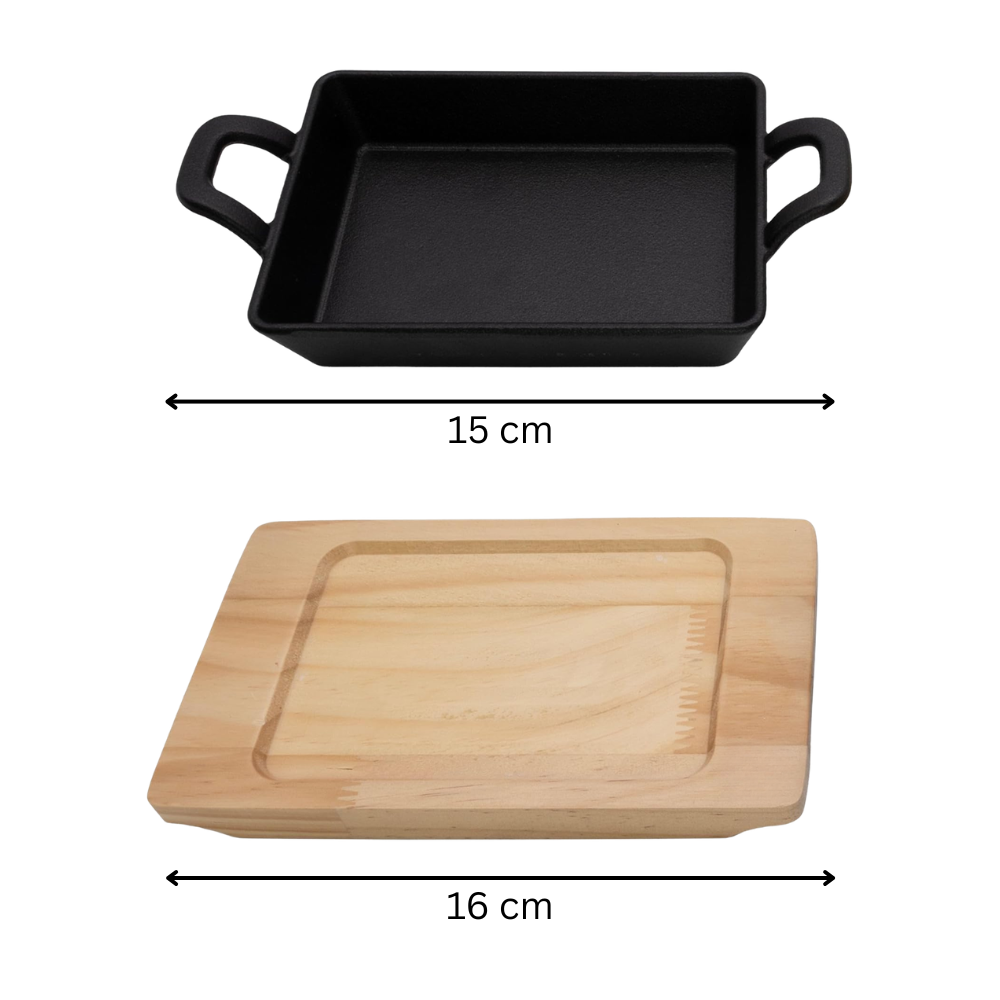 Cast Iron Rectangular Serving Dish with Wooden Base - 15 cm Sizzling Pan