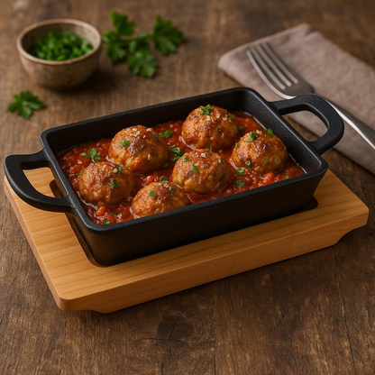 Cast Iron Rectangular Serving Dish with Wooden Base - 15 cm Sizzling Pan