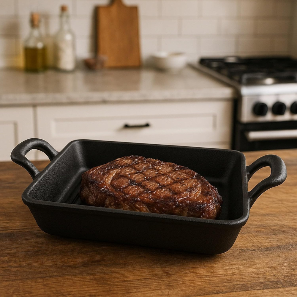 Cast Iron Rectangular Serving Dish with Wooden Base - 15 cm Sizzling Pan