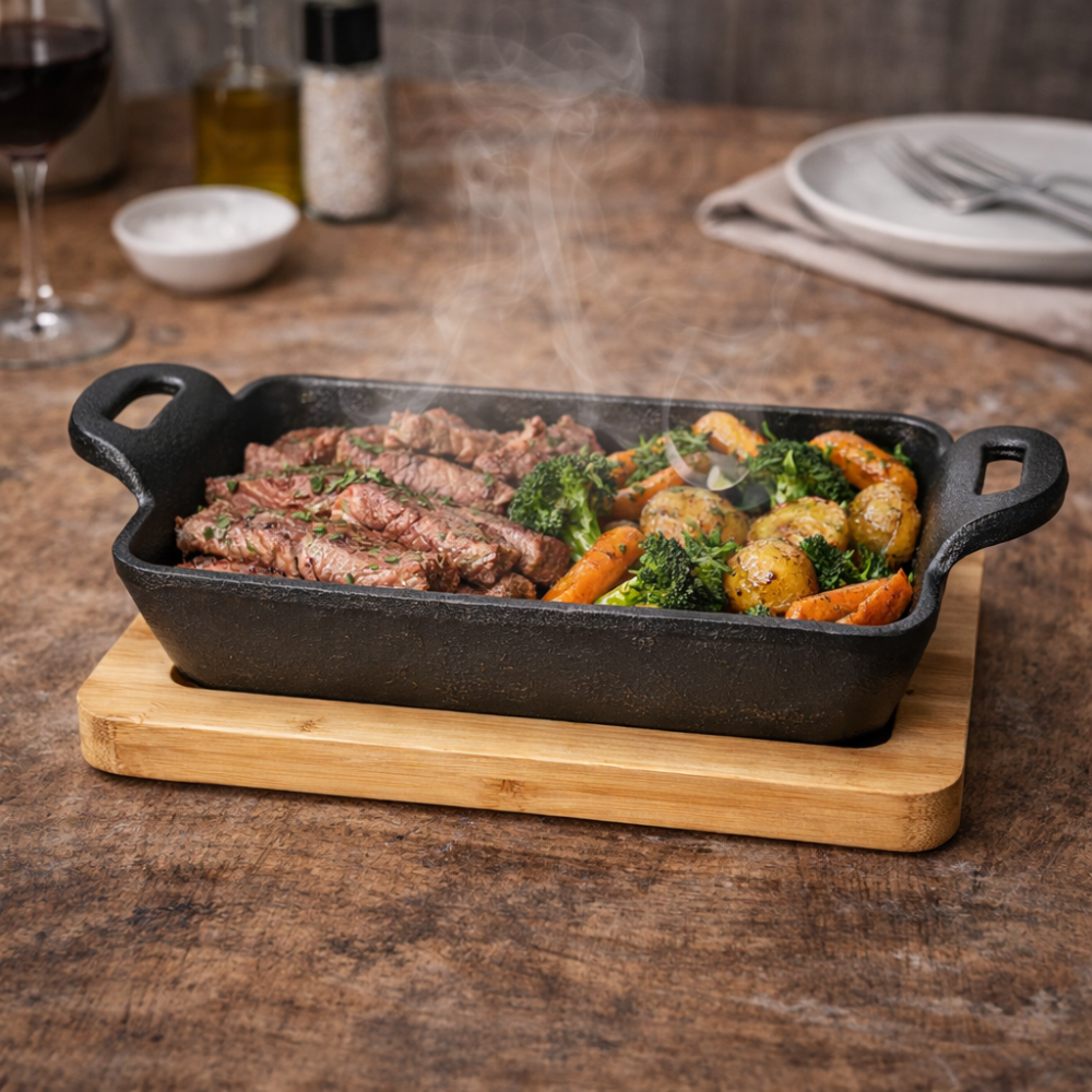 Cast Iron Rectangular Serving Dish with Wooden Base - 15 cm Sizzling Pan