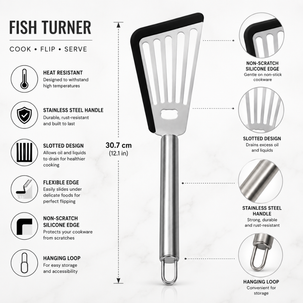 Stainless Steel Fish Turner Spatula – 31 cm Slotted Kitchen Turner