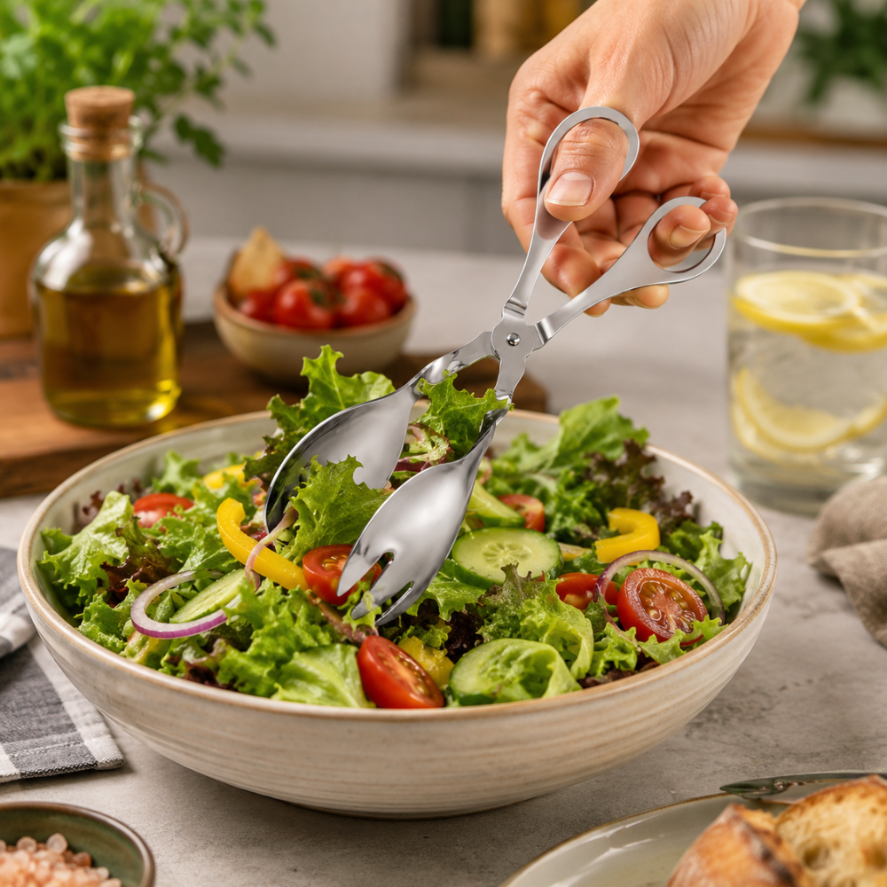 Stainless Steel Salad Tongs – 23 cm Kitchen Serving & Buffet Tongs