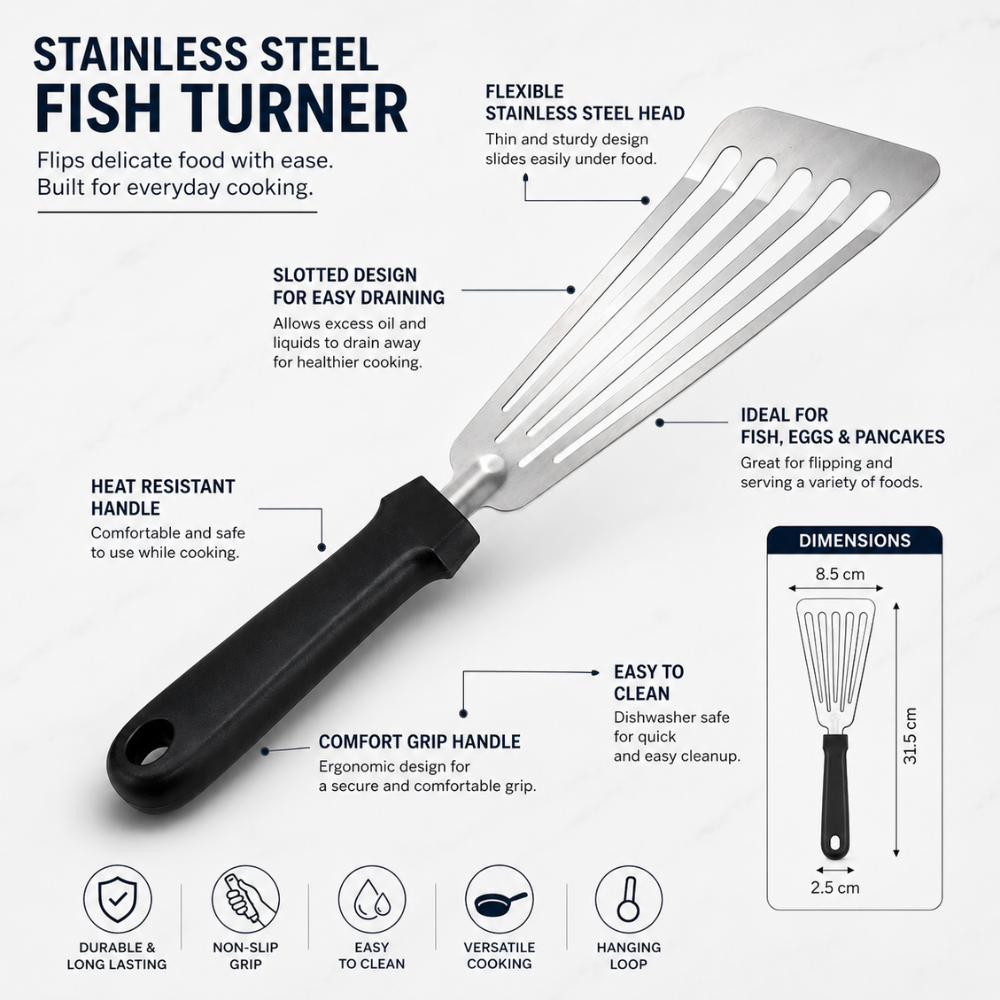 Stainless Steel Slotted Fish Turner – 31 cm Flexible Kitchen Spatula