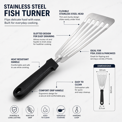 Stainless Steel Slotted Fish Turner – 31 cm Flexible Kitchen Spatula