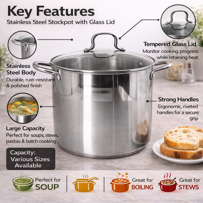 Stainless Steel Stockpot with Glass Lid - Heavy-Duty Cooking Pot