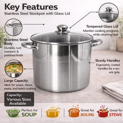 Stainless Steel Stockpot with Glass Lid - Induction Compatible